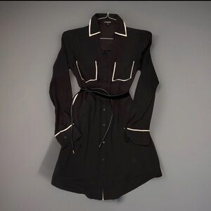 Express Portofino Shirt Dress XS Black White Trim Tie Waist